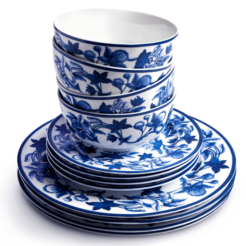 Cobalt Blue Floral Ceramic Dinnerware Set, Service for 4