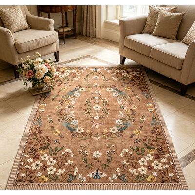 Modern Floral Machine Washable Area Rug Washable Area Rug, Low-Profile Non-Slip Backing Durable Edge Binding, Vintage Large Rugs for Living Room, Bedroom, Dining Room Brown 8*10
