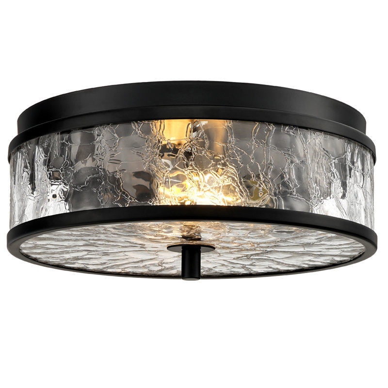 Plafonnier encastré 2 lumières avec abat-jour en verre craquelé Alixandra, Noir mat