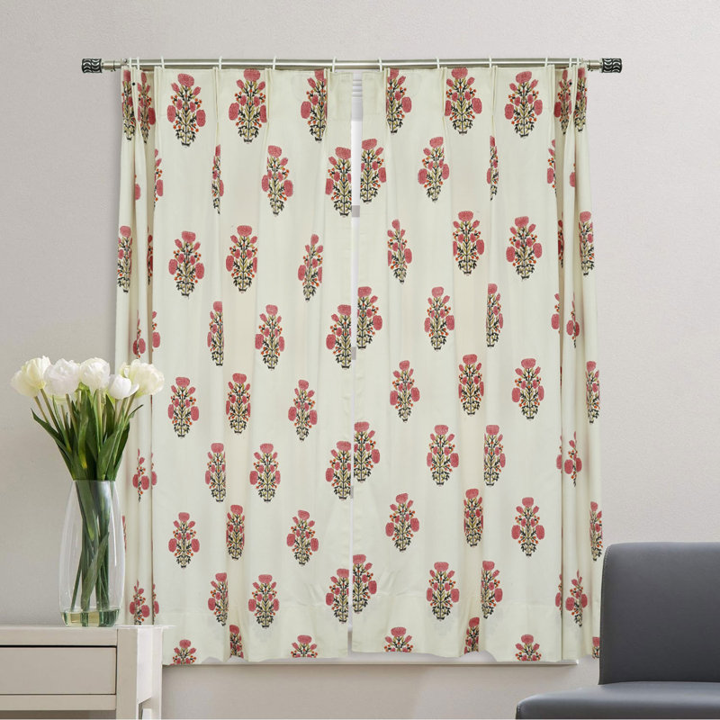 Fabdivine Thick Cotton White Soft, Chic 27x72 Inches Floral Handmade Block Print Pink and Brown, Pleated Curtains Perfect for Window Treatments 2 Panel Set Elegant 100% Blackout Drapes, Swadesh