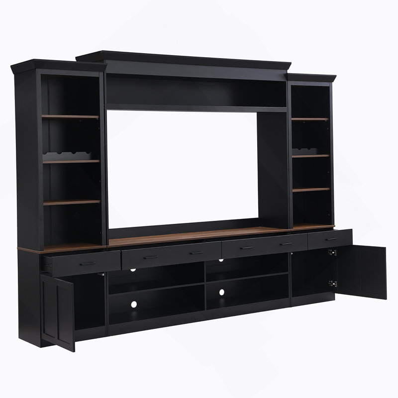 Ensemble de meuble audio-vidéo de style campagnard 4 pièces avec bibliothèque et support à vin, idéal pour présenter des médias et des décorations dans le salon