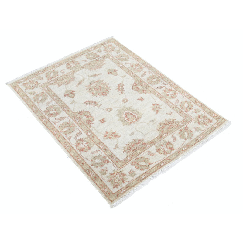 Tapis beige en laine noué à la main 2,8 pi x 3,6 pi avec motif floral sur tout le tapis