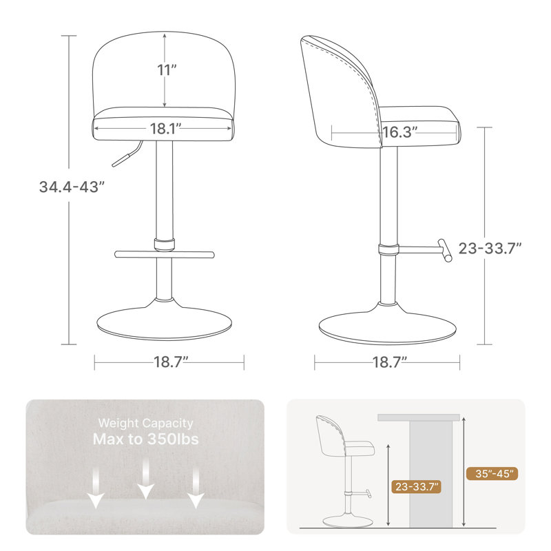 Keily Swivel Adjustable Height Bar Stool, Silver, 3, Cream