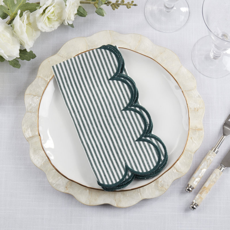 Green Striped Scalloped Cotton Cloth Napkins 20" W X 20" L, Set Of 4, Green
