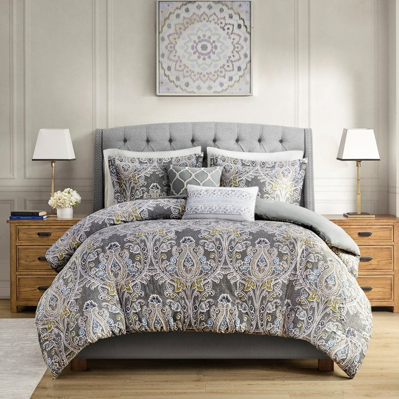 Housse de couette 5 pièces en coton gris pour lit très grand avec revers uni, King Duvet Cover + 4 Additional Pieces