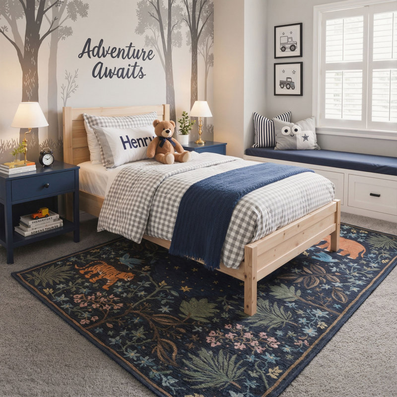 Tapis bleu marine rétro lavable à la machine avec envers antidérapant, Rectangle 9 pi x 12 pi