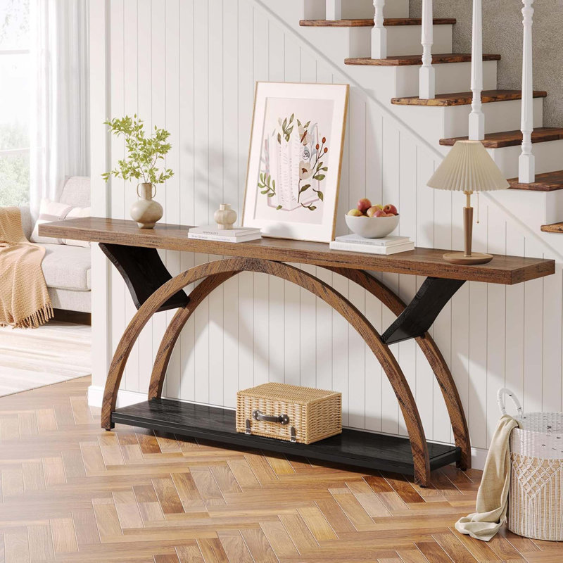 70.87" Console Table With Storage Shelf, Narrow Long Sofa Table Behind Couch Table, 2-Tier Rustic Entryway Table With Half Moon Frame For Hallway Living Room