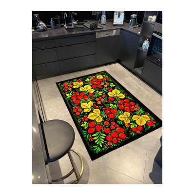 Tapis décoratif tissé à motif floral noir lavable