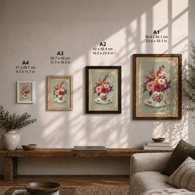 Flowers in Teacup Botanical - Framed Print, A4 - 29.7 x 21.0 cm, White