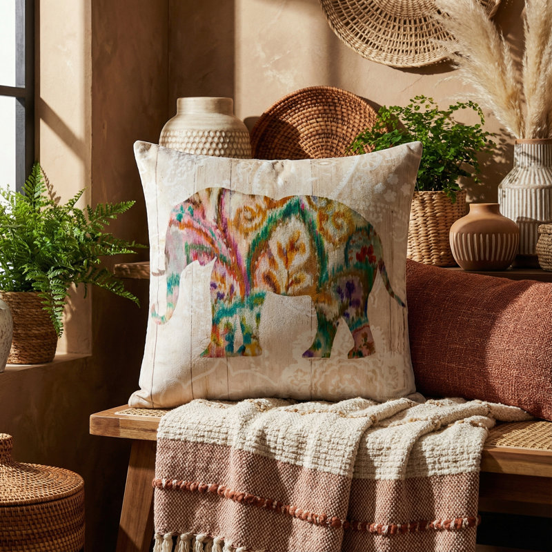  'Boho Paisley Elephant' Velvet Throw Pillow