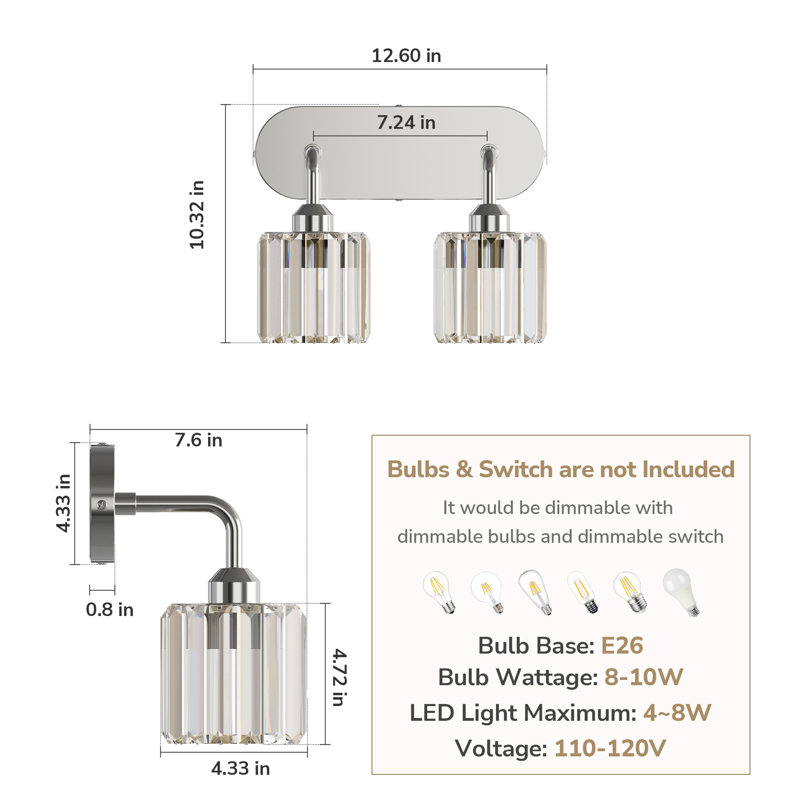 Éclairage de meuble-lavabo à intensité variable avec abat-jour en cristal, Chrome poli, Deux lumières