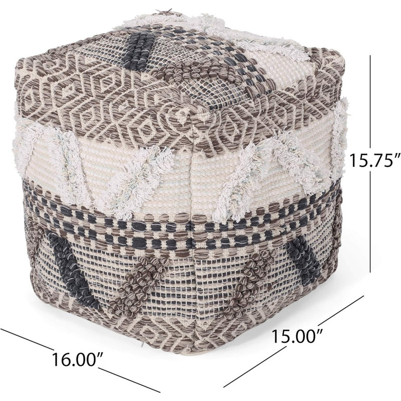 Pouf de repose-pieds, 16 po, design Boho, laine tissée beige blanche, bourre de perles