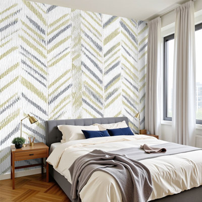 Papier peint auto-adhésif à motif de chevrons modernes de petites lignes de couleur gris crème H 100 po x l 144 po, papier peint amovible en PVC, adhésif mural pour chambre à coucher, bureau à domicile