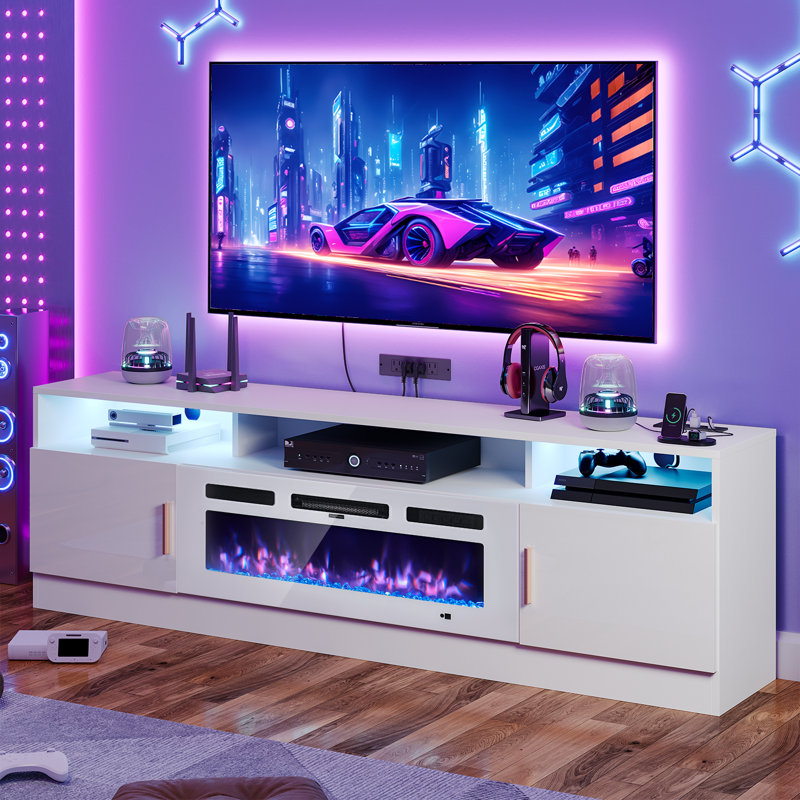 70" Electric Fireplace TV Stand , fits TVs Up to 80", Media Console with Electric Fireplace and Power Outlets, 12 Flame Colors，Large Storage Space