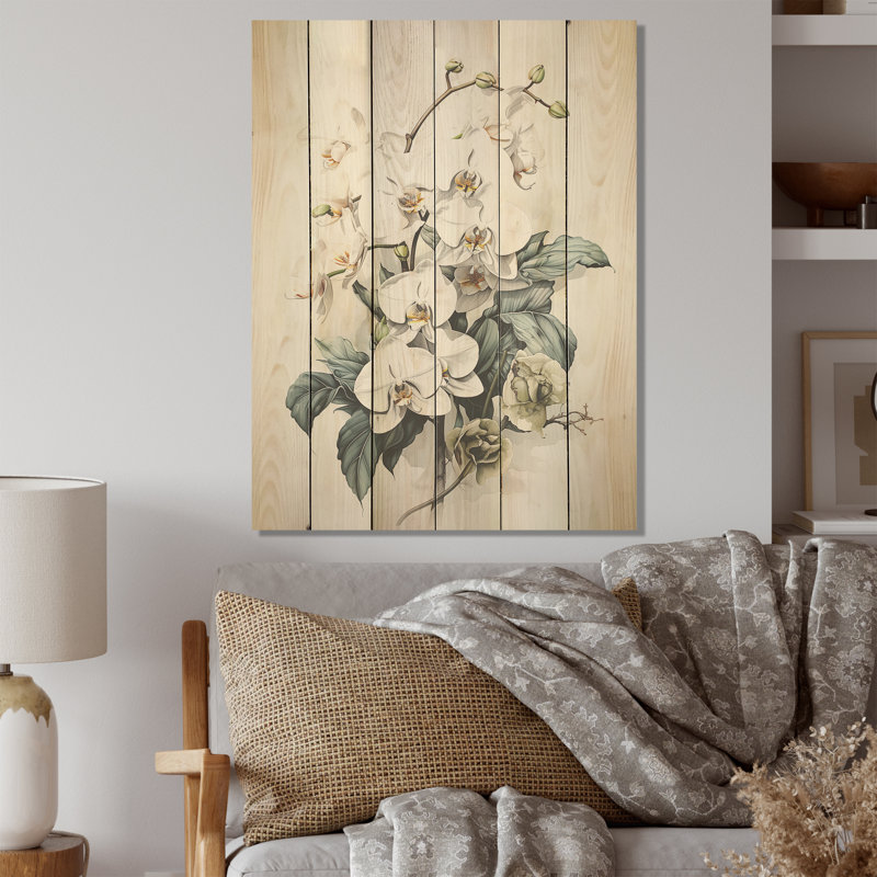 Orchidée noire et blanche - Orchidées sur bois de pin naturel, H 32 po x l 24 po