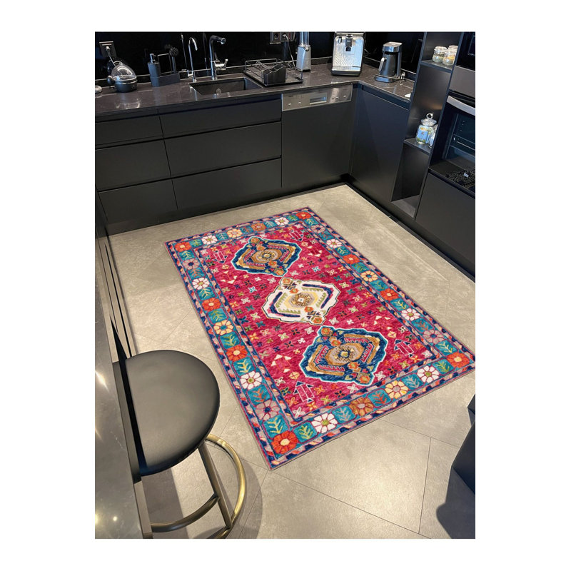 Dark Pink Blue Themed Traditional Patterned Vintage Decorative Rug Machine Washable, Rectangle 3'3" x 4'11" Rug Pad Included
