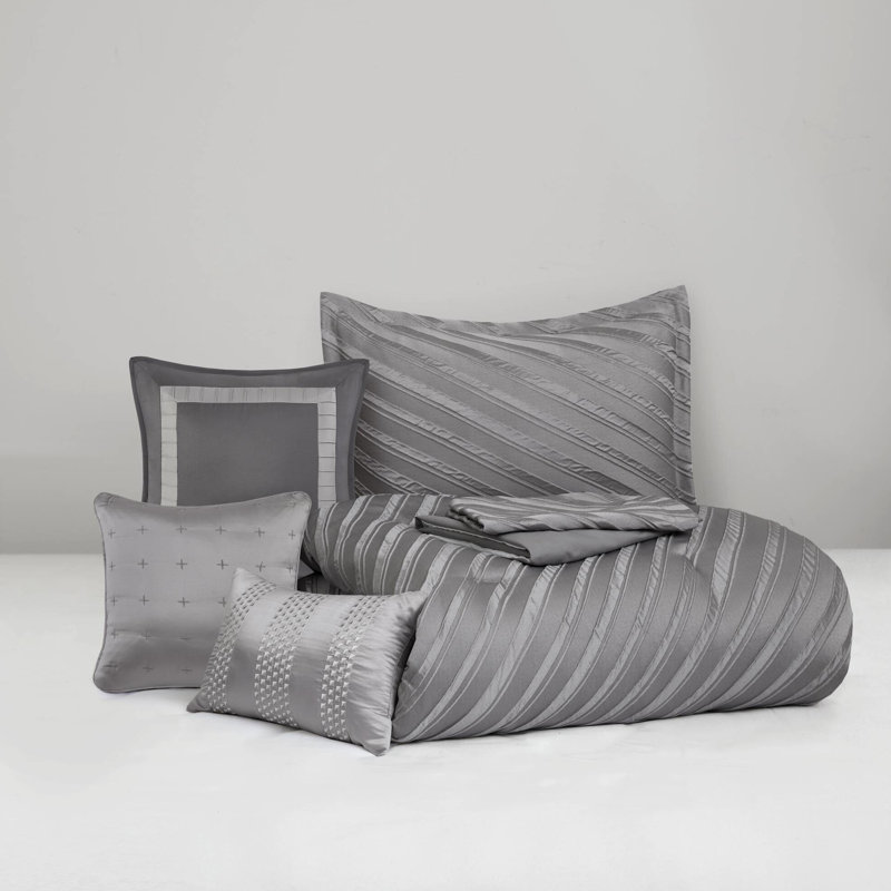 7 Pcs Grey Queen Comforter - Diagonal , Stylish Bedding With Shams, Pillows, , All Season Coziness Transitional Style Soft , , Safe And Comfortable Use