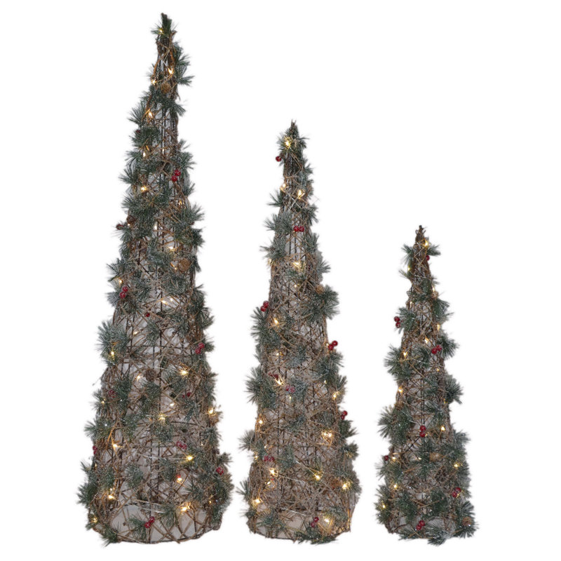 Cone Trees with Greenery Pre-Lit - Set of 3