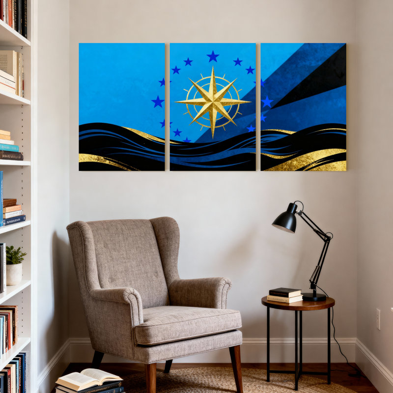 Étoiles bleues bleues, boussole dorée, ensemble de 3 impressions sur toile, H 30 po x l 60 po