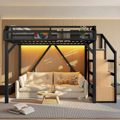 Lit mezzanine simple avec escalier de rangement, tablettes et garde-robe intégrée, cadre de lit mezzanine en métal avec ports USB et lumières DEL, conception à bruit réduit, noir