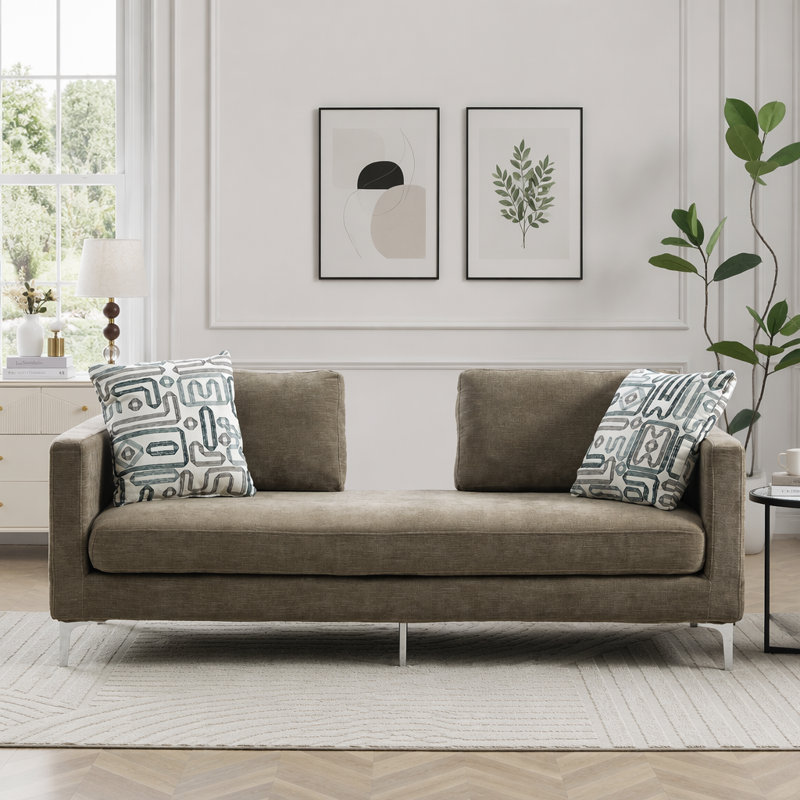 Chaise longue surdimensionnée en chenille avec dossier ouvert, accoudoirs et 4 coussins, Chenille taupe