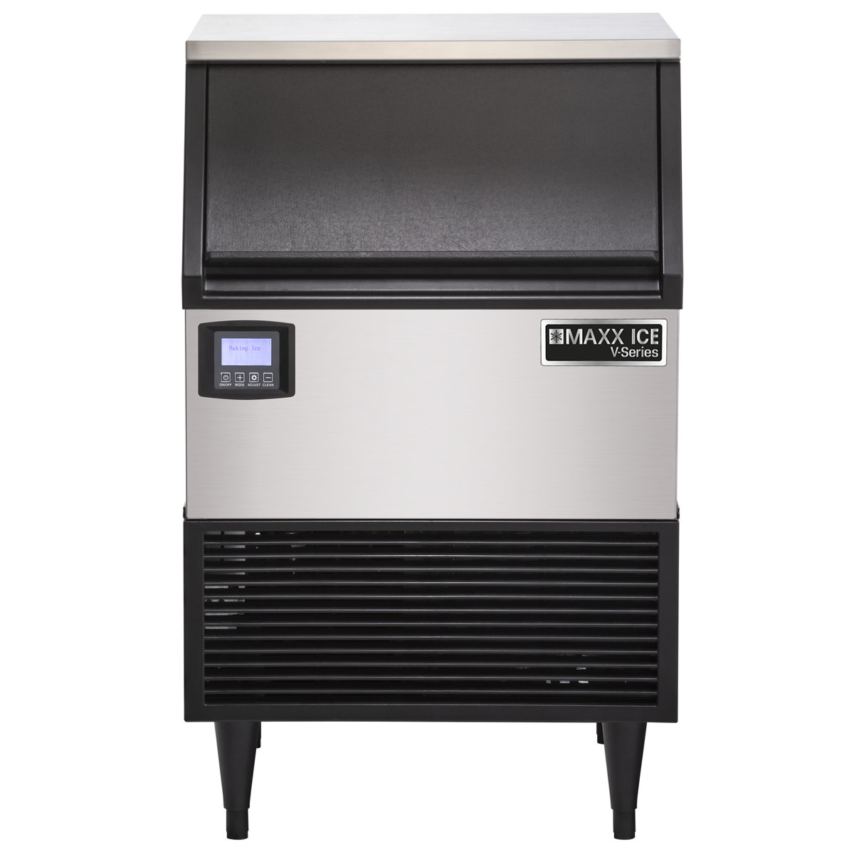 Maxx Ice V-Series Self-Contained Ice Machine, in Stainless Steel with Black Trim — FIN-0016675 | Fridge.com