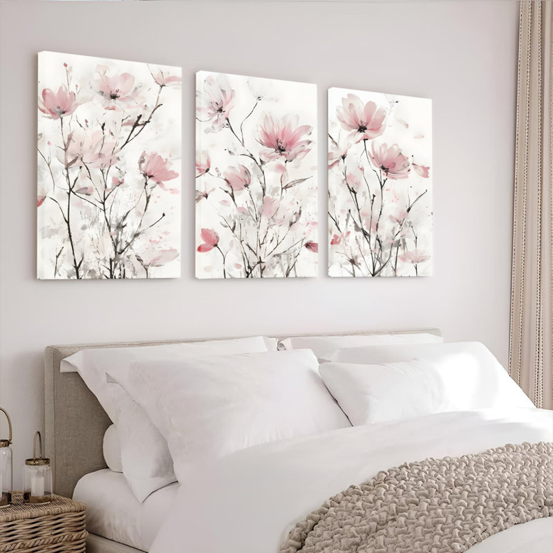 «Blush Floral», reproduction d'art sur toile tendue sur toile abstraite (ensemble de 3), H 24 po x l 48 po