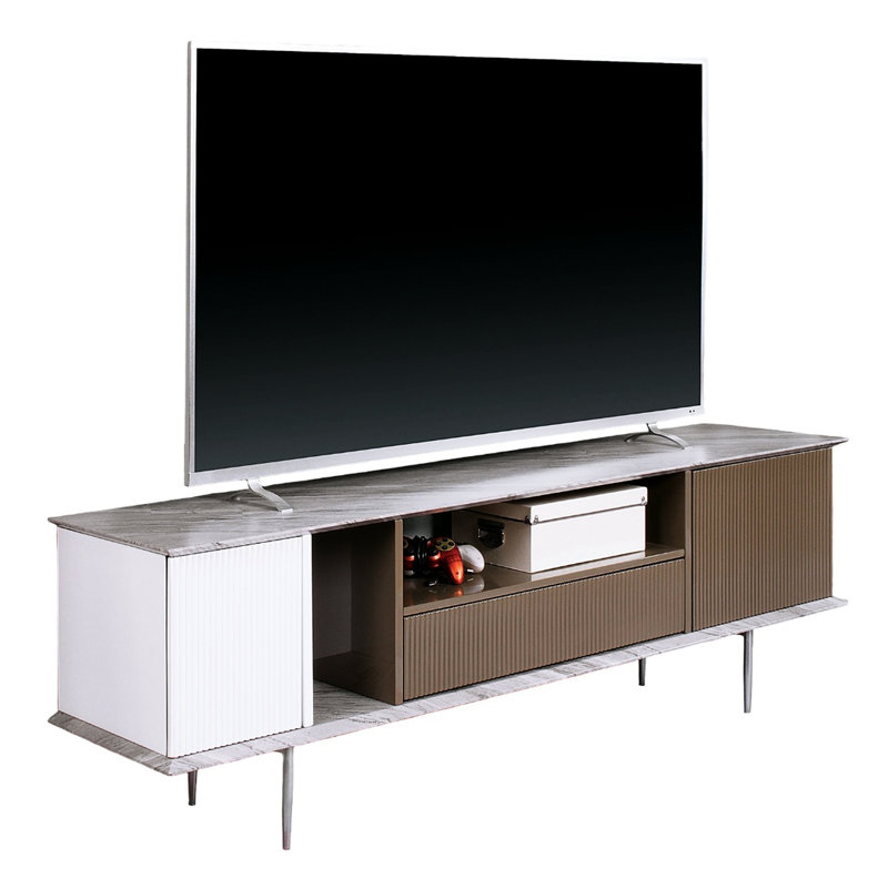 Contemporary Tv Console With Open Shelving, Single Drawer, High Gloss Gray And White Finish, Steel Construction Shelves, One Champagne For Modern Spaces