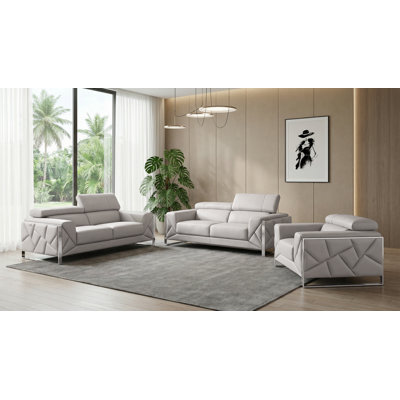Ensemble de canapé, causeuse et chaise en cuir véritable gris clair 3 pièces avec appuis-tête réglables