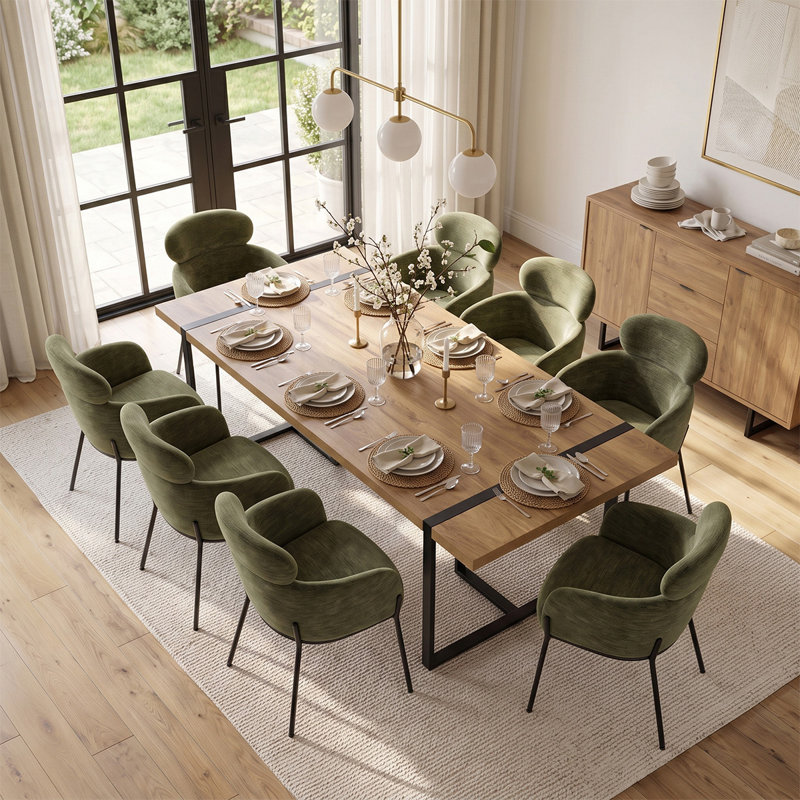 Ensemble de table de salle à manger rectangulaire 79 po avec 8 fauteuils à dossier double rembourrés 79 po, Vert