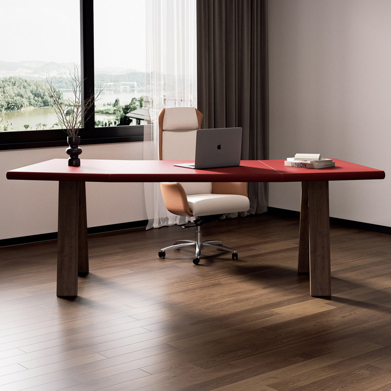 Red Free Form Solid Wood+Barenia desk, 29.53" H x 86.61" W x 31.5" D