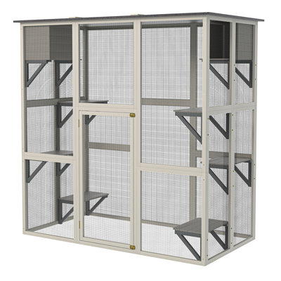 Wooden Gray Outdoor Cat House, Asphalt Roof, 6 Climbing Platforms, 2 Resting Spaces, And - Safe Enclosure Cage