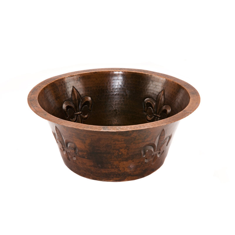 16" Round Copper Prep Sink w/ Fleur De Lis and 3.5" Drain Opening