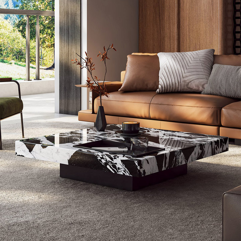 Table basse carrée en marbre de style luxueux, H 11,8 po x L 43,3 po x l 43,3 po