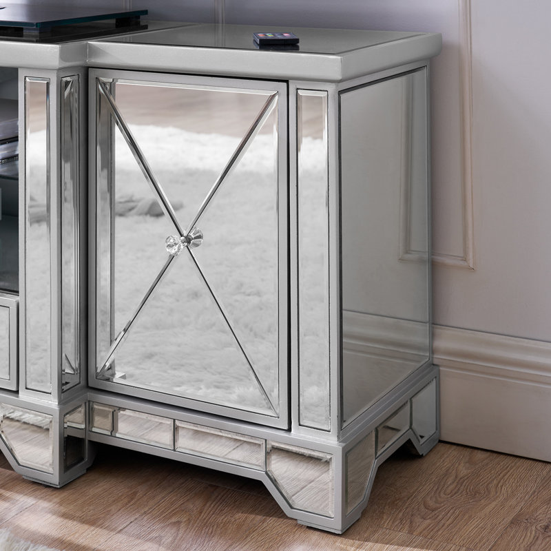 Meuble télé 8 lumières à miroir avec tiroirs et armoires de rangement, centre de divertissement argenté pour téléviseur de 65 pouces