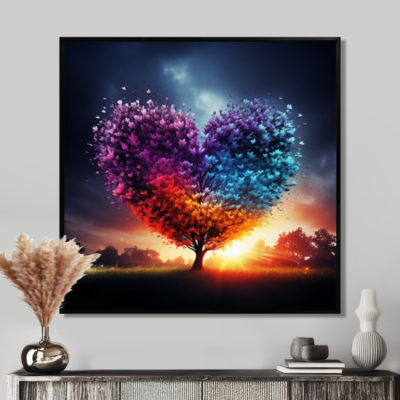 Blossoming Tree Heart Glorious Sunset - Tree Wall Art Print, Black Floater Framed Canvas, 16" H x 16" W x 1" D