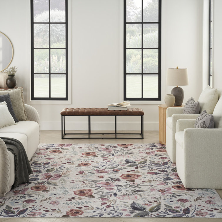 Abigayle Floral Machine Washable Cotton Area Rug in Ivory/Pink