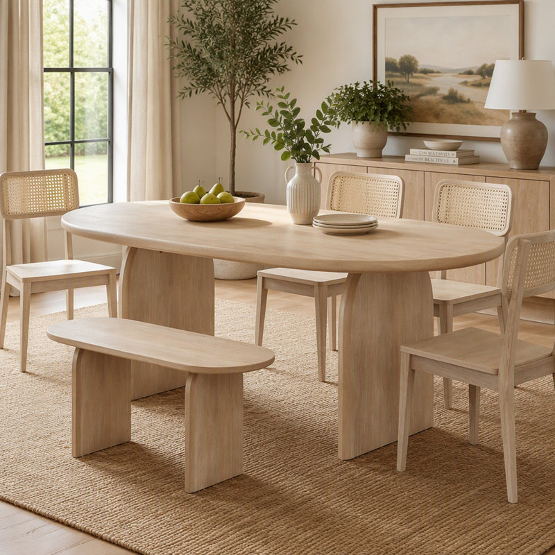 Ensemble de salle à manger moderne de 6 pièces avec table ovale, banc et chaises, pour salle à manger, Naturel, Naturel