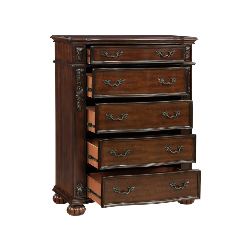 Commode haute 5 pouces Nami, 5 tiroirs, bois de cerisier brun sculpté Nami