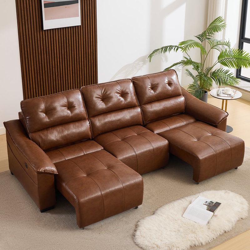 105” W Faux Leather Power Motion Sofa With Extending Seats, Convertible Table & Usb Charging, Brown