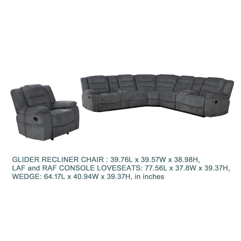 Ensemble de canapé et fauteuil inclinable manuel 6 pièces Reno, massage, gris foncé