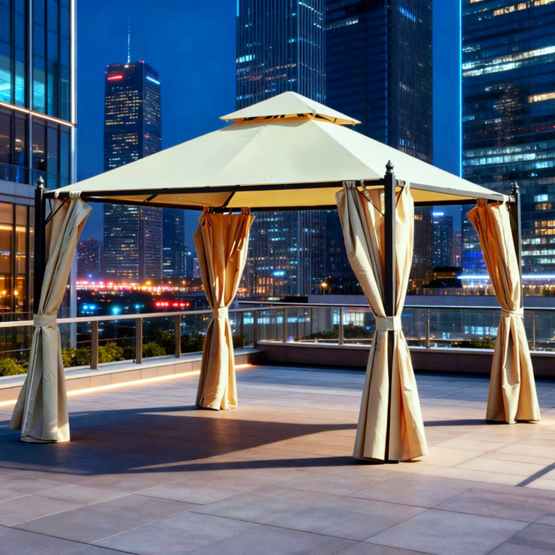 Pavilion 10' X 10' Steel Outdoor Patio Pavilion With Polyester Privacy Curtains, Double-Layer Canopy, Beige
