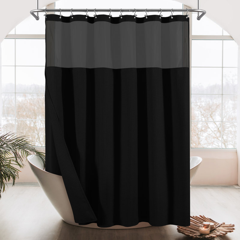 Cotton Blend Honeycomb Waffle Shower Curtain With Snap-In Liner, 78" H x 71" W, Black