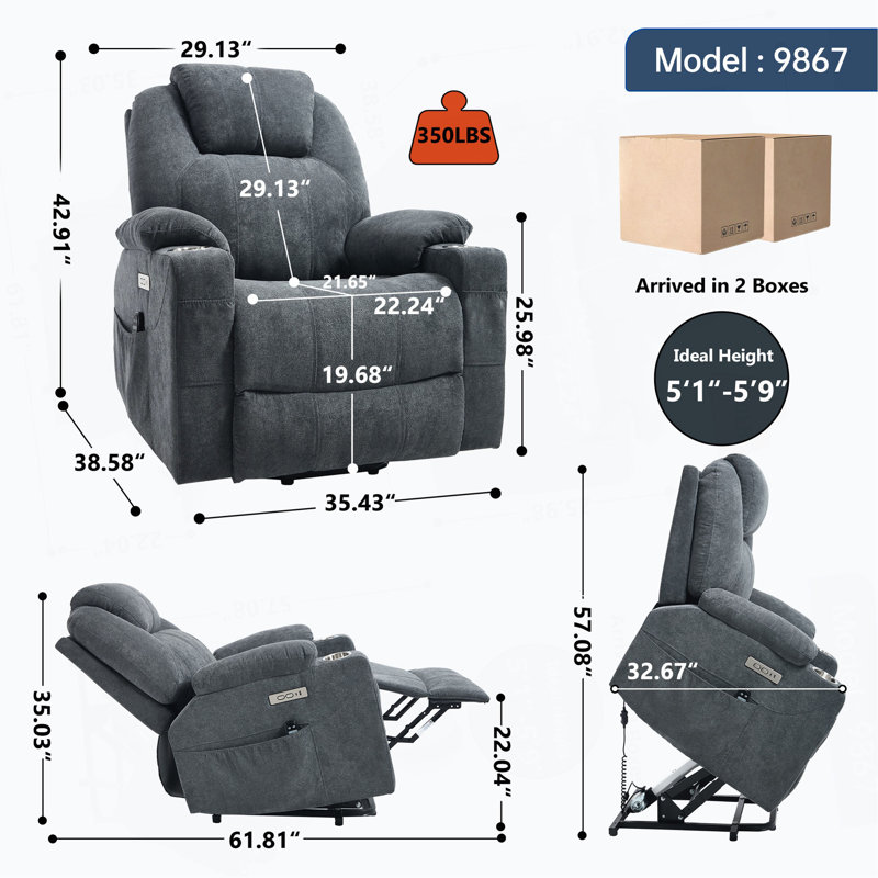 Up To 350 LBS Polyester Power Lift Recliner Chair, Heavy Duty Motion Mechanism With 8-Point Vibration Massage And Lumbar Heating, USB And Type-C Ports, Stainless Steel Cup Holders