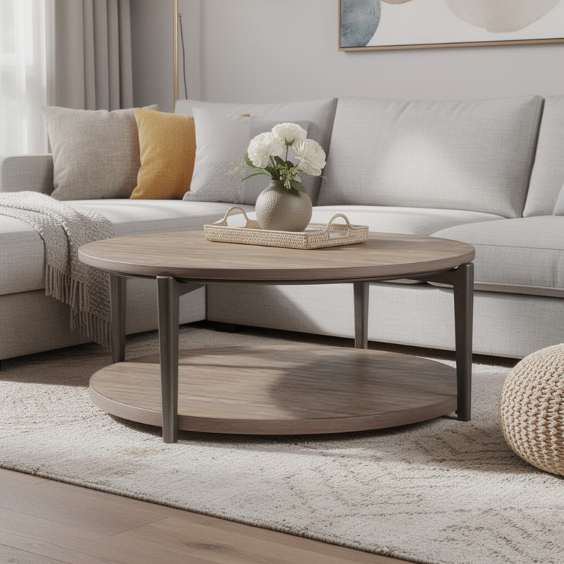 Table basse Jesy, plateau rond de 43 pouces avec tablette inférieure, brun naturel