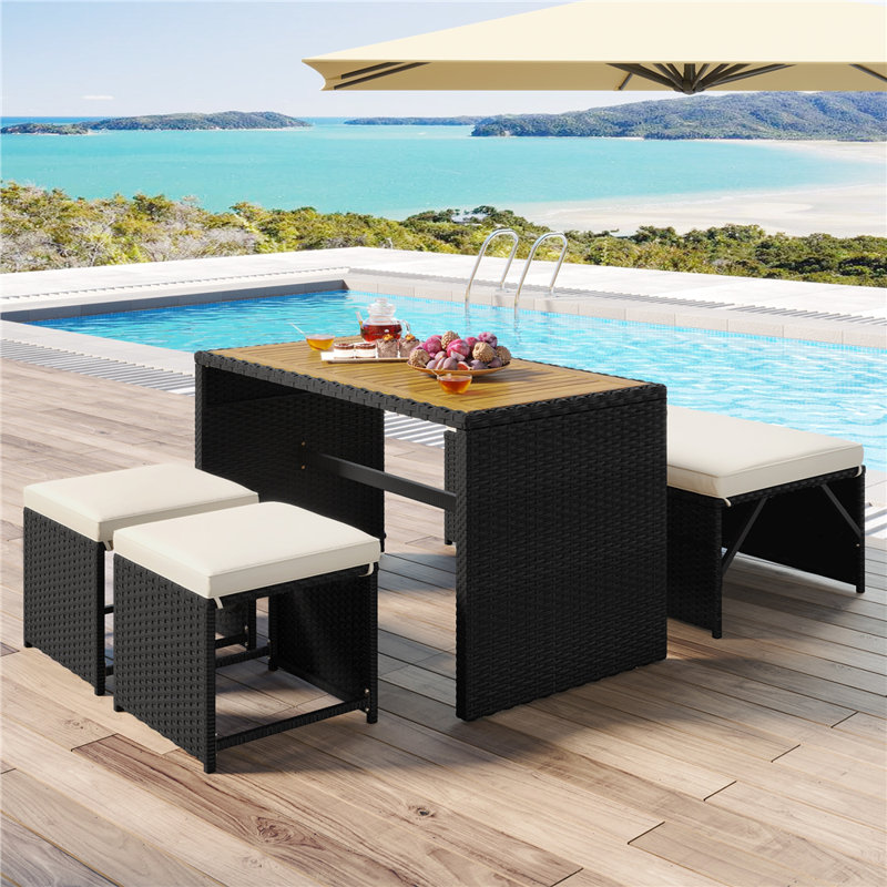 Patio Convertible PE Rattan Set, Slatted Acacia-Top Dining Table