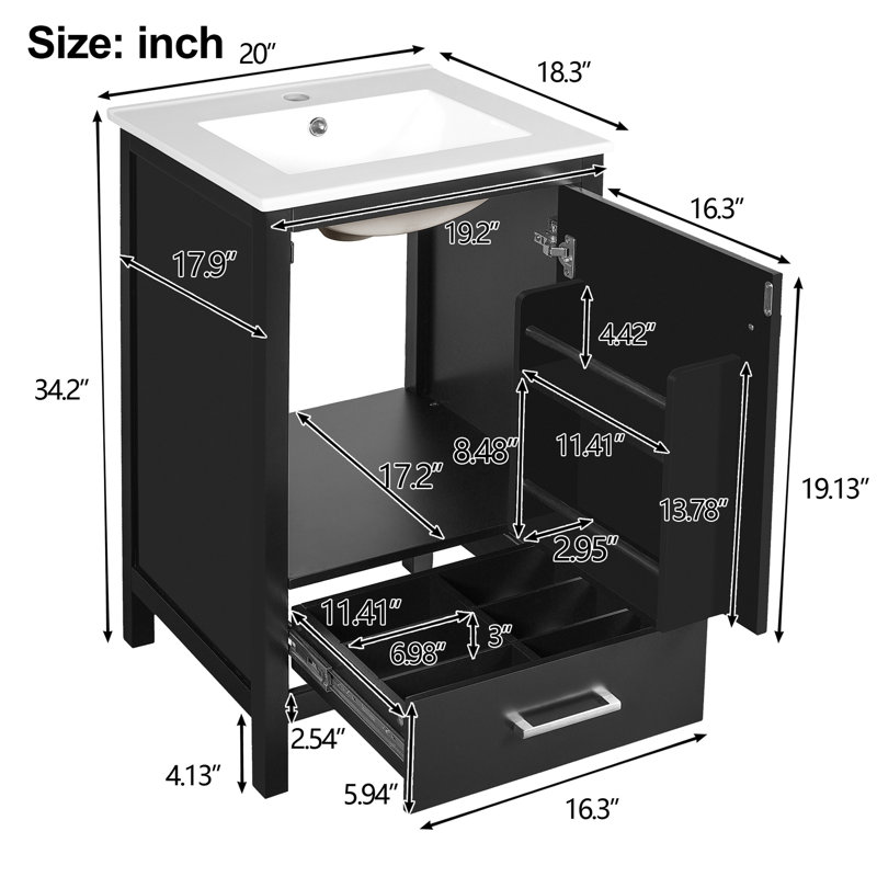 Meuble-lavabo compact de 20 pouces avec rangement intelligent, tiroir à fermeture en douceur et porte à double couche pour un rangement optimal Poignée élégante, mécanisme, petite organisation de tiroir