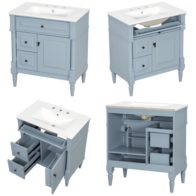 Meuble-lavabo autoportant de 30 pouces avec lavabo, tiroir rabattable et support de rangement noir, Bleu et gris