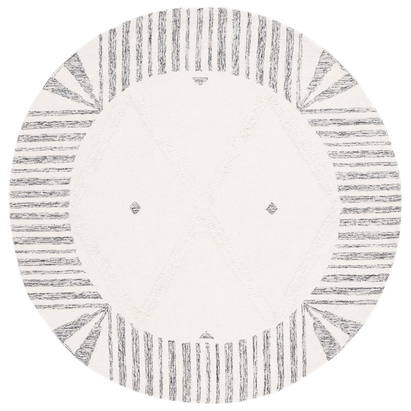 Abbeygail Hand Tufted Wool/Cotton Geometric Rug in Ivory/Black, Round 6'