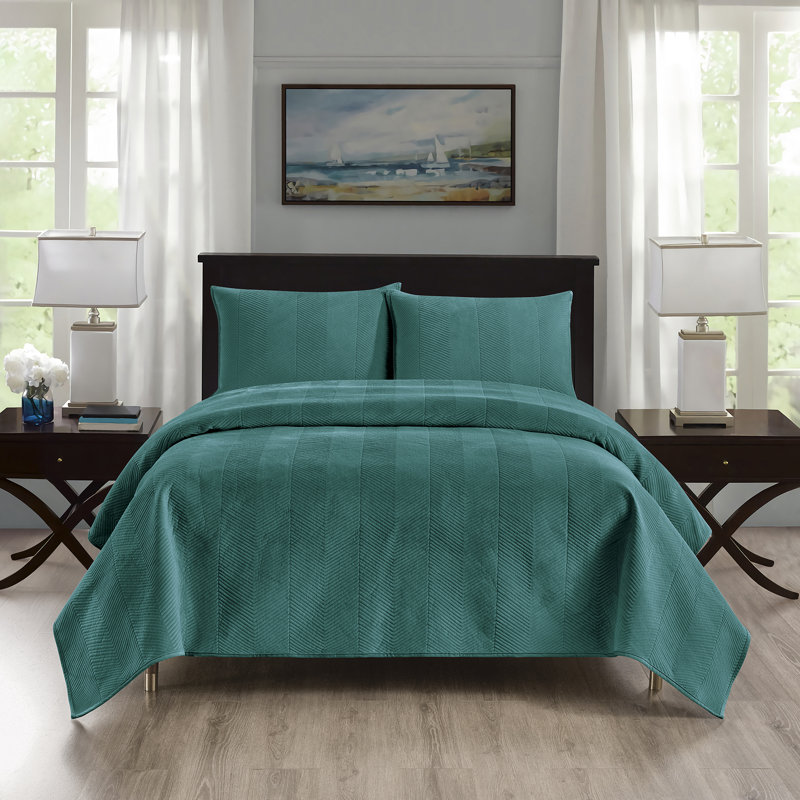 Ensemble de courtepointe en velours bleu minéral Pointehaven, Bleu minéral, Courtepointe pour lit double/grand et 2 taies déc